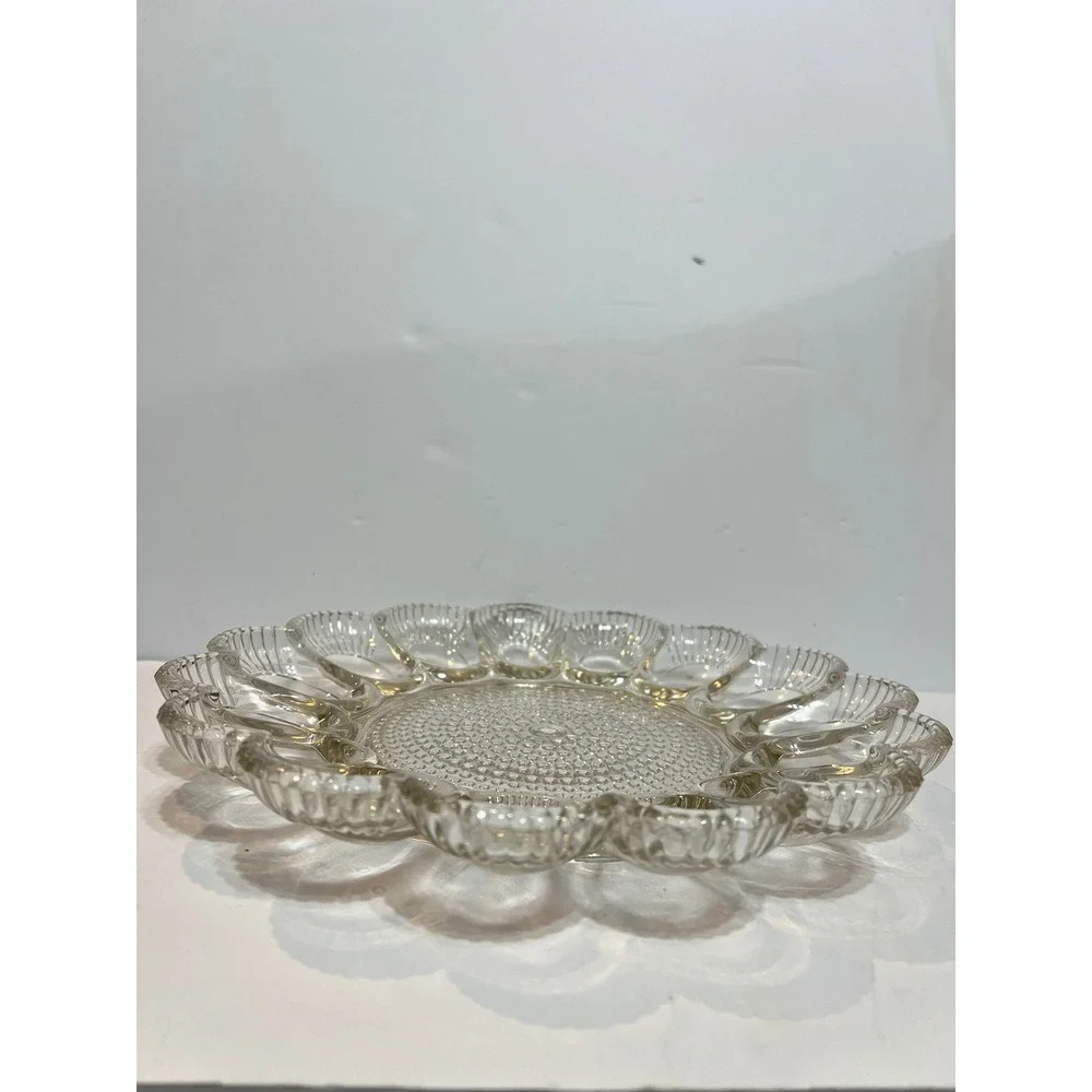Indiana Glass Clear Deviled Egg Platter Scalloped Ribbed 15 Slot Hobnail Center